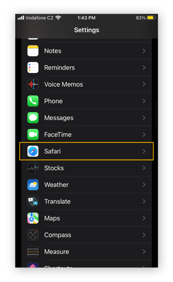 Accessing the Safari settings in iOS